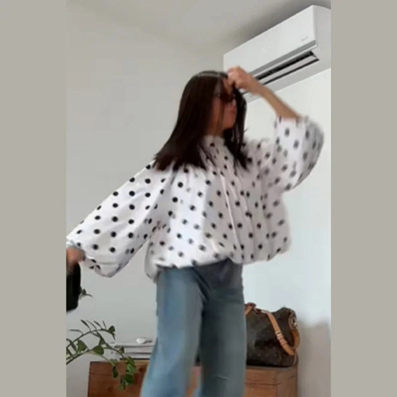 Backless Polka Dot Loose Blouse For Women Long Sleeve High Neck Tops Casual Oversize Shirt 2026 New Lady Y2k Streetwears