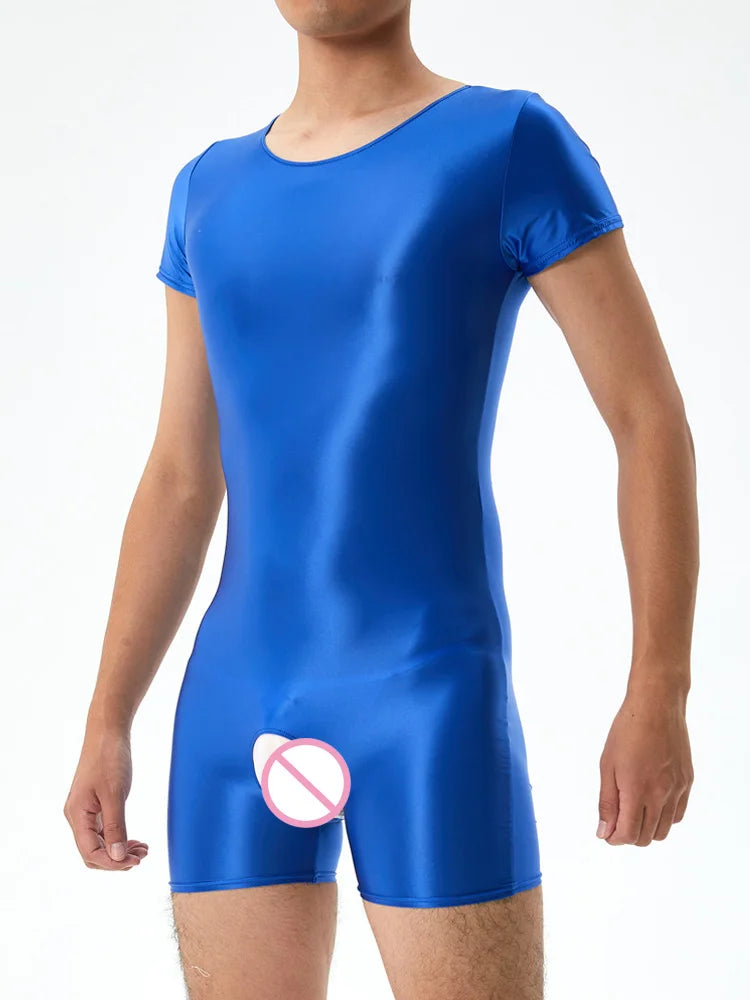 Men's Crotchless Bodysuit Stain Oil Shiny Tights Sheer See Through Yoga Shaping Leotard Elastic Sexy Exotic Tops Candy Color
