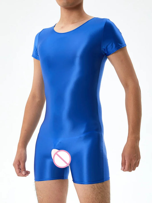 Men's Crotchless Bodysuit Stain Oil Shiny Tights Sheer See Through Yoga Shaping Leotard Elastic Sexy Exotic Tops Candy Color