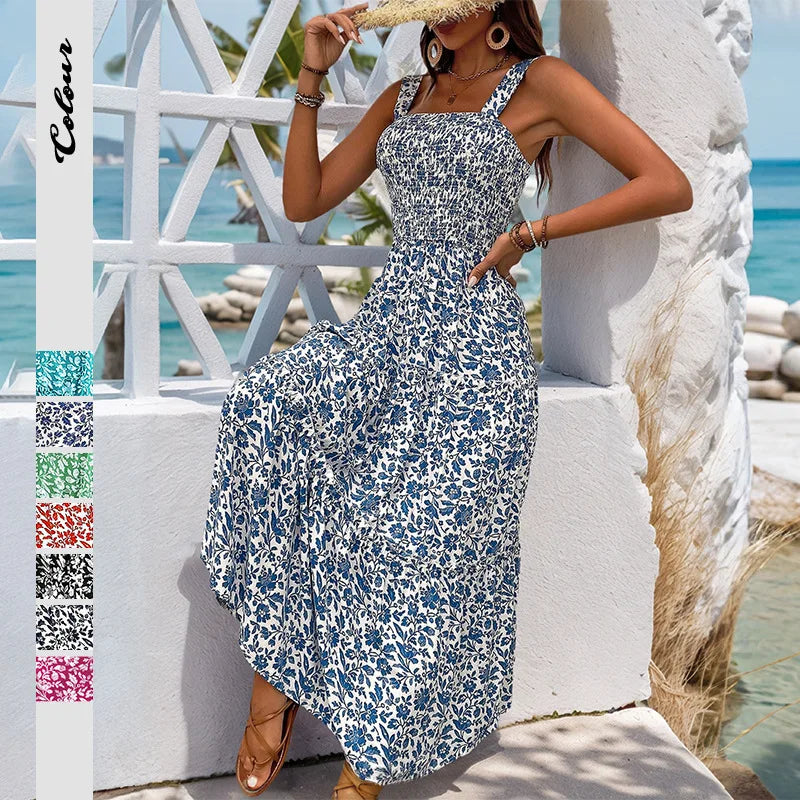Women's Floral Maxi Dress Summer Square Neck Strappy Backless Smocked Bodice High Waist Long Dress Vacation Beach Outfit 2026