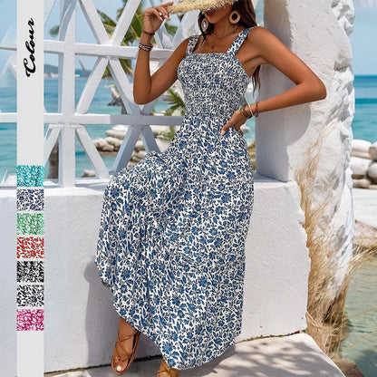 Women's Floral Maxi Dress Summer Square Neck Strappy Backless Smocked Bodice High Waist Long Dress Vacation Beach Outfit 2026