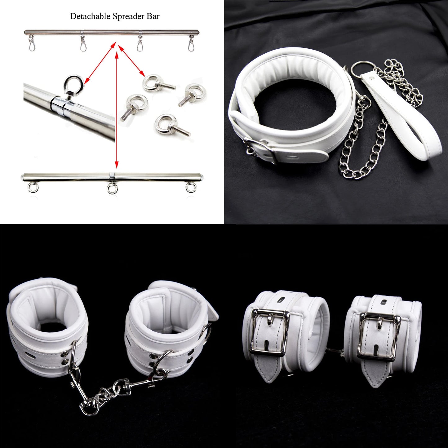 Adjustable Stainless Steel Spreader Bar Set Padded Leather  Kit Adjustable Collar Handcuffs Ankle Cuffs Restraints BDSM Adult