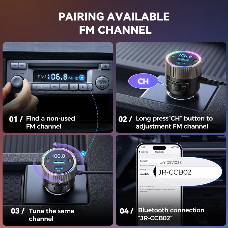Joyroom 60W Bluetooth 5.4 Car FM Transmitter PD QC 3.0 Cigarette Lighter Adapter Hands-Free Call Fast Charging Car Charger