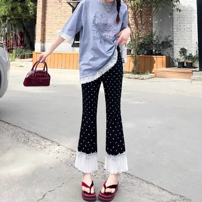 High Waist Lace Trim Bell Bottom Pants Women Summer 2026 New Style Slim Fit Small Size Nine Point Straight Micro Flared Polka...