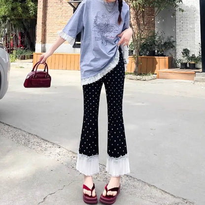High Waist Lace Trim Bell Bottom Pants Women Summer 2026 New Style Slim Fit Small Size Nine Point Straight Micro Flared Polka...