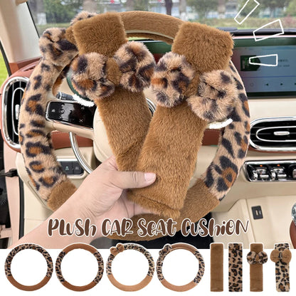 Fashion Leopard Print Car Seat Cover Soft Plush Leopard Steering Wheel Cover Winter Women Auto Interior Accessories Seat Pad