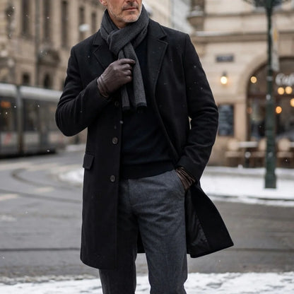 Winter Men's Wool Blend Trench Classic Single-Breasted Business Casual Outerwear Street Overknee Coat Windproof Lined Office