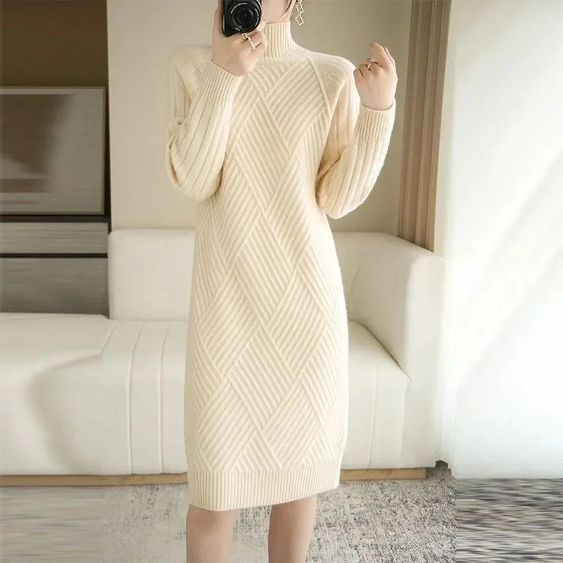 Thickened Winter Knitted Dress Women's Midi Knee-length Loose High-neck Fashionable Base Layer Dress Pure Color Long Sleeve