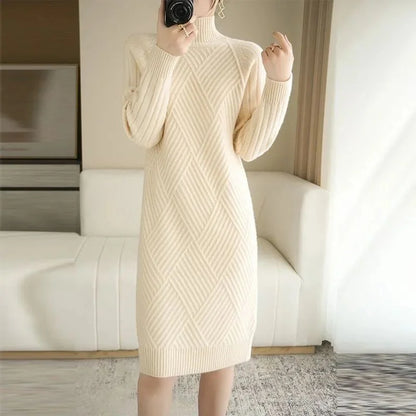 Thickened Winter Knitted Dress Women's Midi Knee-length Loose High-neck Fashionable Base Layer Dress Pure Color Long Sleeve