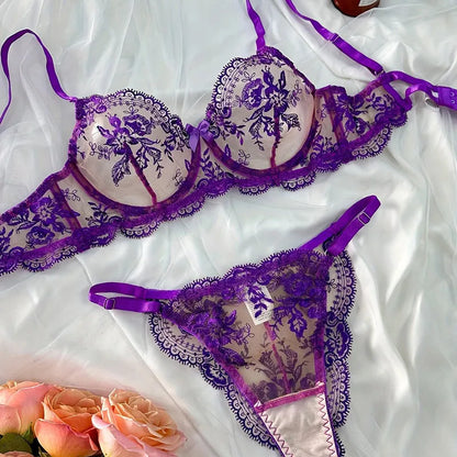 Sutiã Plus Size Cinta Renda Bordada Mesh Transparente Sexy Push Up Lingerie Pijama Sensual Copas Finas Sustentação 32-38 Bra Set