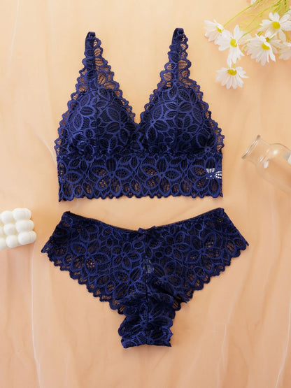 Women's Simple Contrast Lace Wireless Bra Bow Panty Set Adjustable Spaghetti Strap Bralette Knicker Wireless Bras Summer Clothes