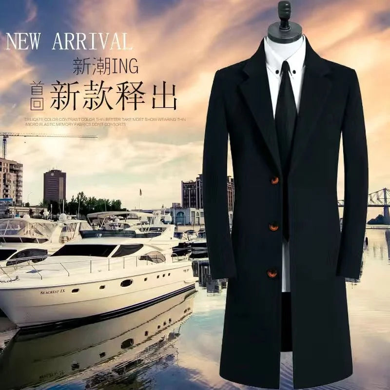 Winter New Men's Mid-Length Woolen Coat Double-Faced Cashmere Warm Business Style Korean Version Travel Suitable Single-Button
