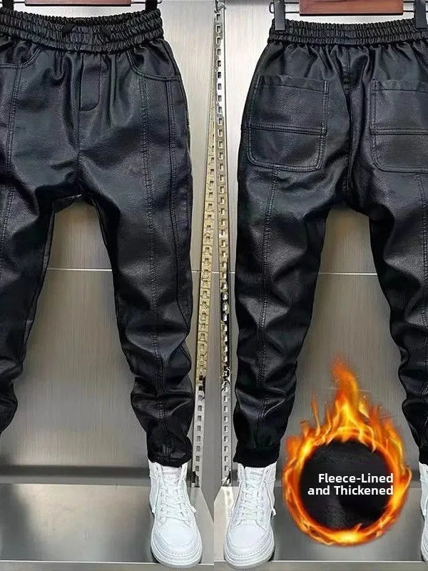 Men's Fleece Lined Thickened Leather Pants Motorcycle Delivery Rider Biker Trousers Warm Windproof Waterproof for Autumn Winter