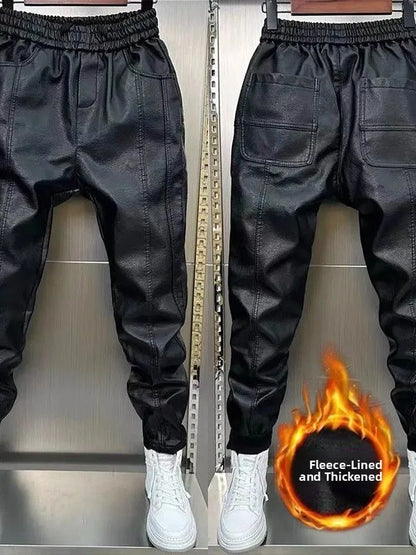 Men's Fleece Lined Thickened Leather Pants Motorcycle Delivery Rider Biker Trousers Warm Windproof Waterproof for Autumn Winter
