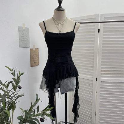 ISAROSE Summer Y2K Camisole for Women Casual Spaghetti Straps Double Layers Lace Stretch Mesh Patchwork Asymmetrical Slim Tops