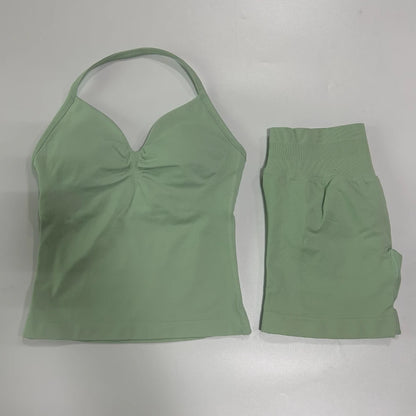 2 Pieces Sports Set Women Backless Tank Yoga Tops High Waist Scrunch Seamless Shorts Sport Gym Set Sportswear Workout Set