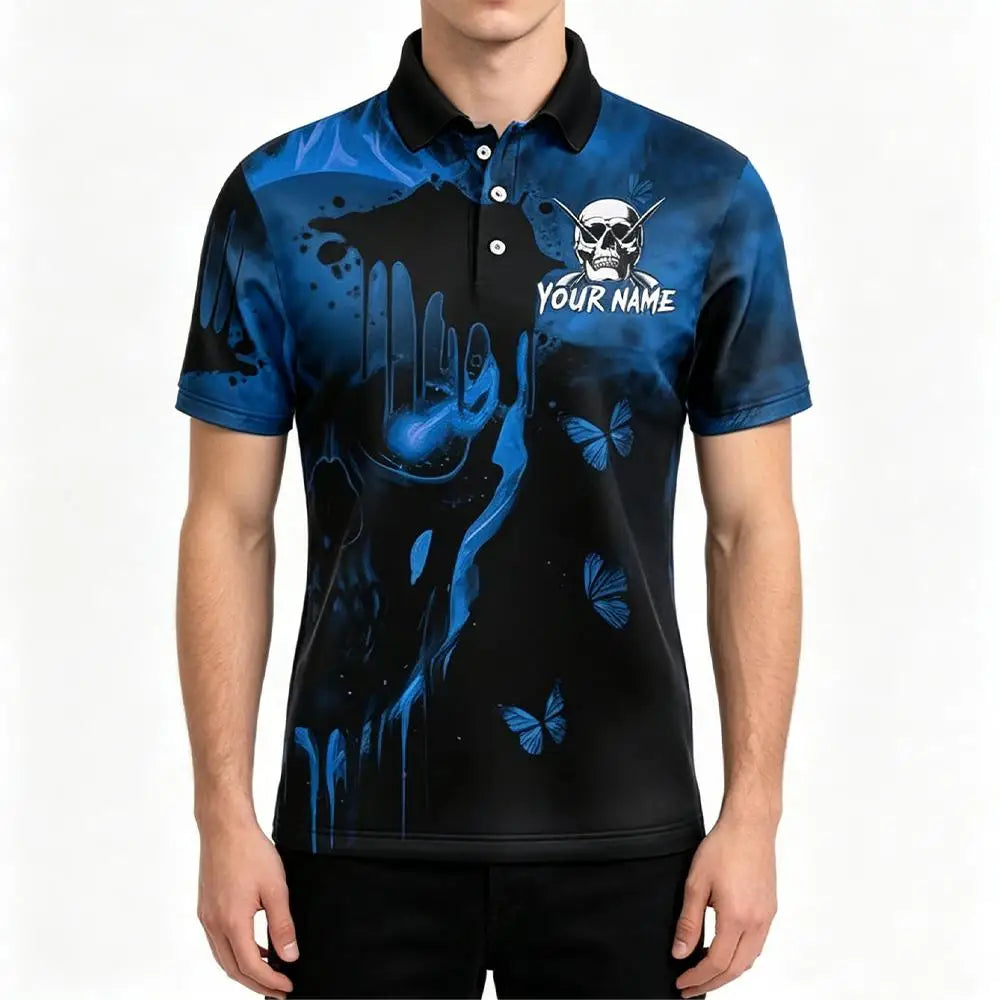 Custom Name Team Name Darts Polo Shirt Men 3D Skull Butterfly Blue Black All Over Print Quick Dry Sports Short Sleeve Golf Tops