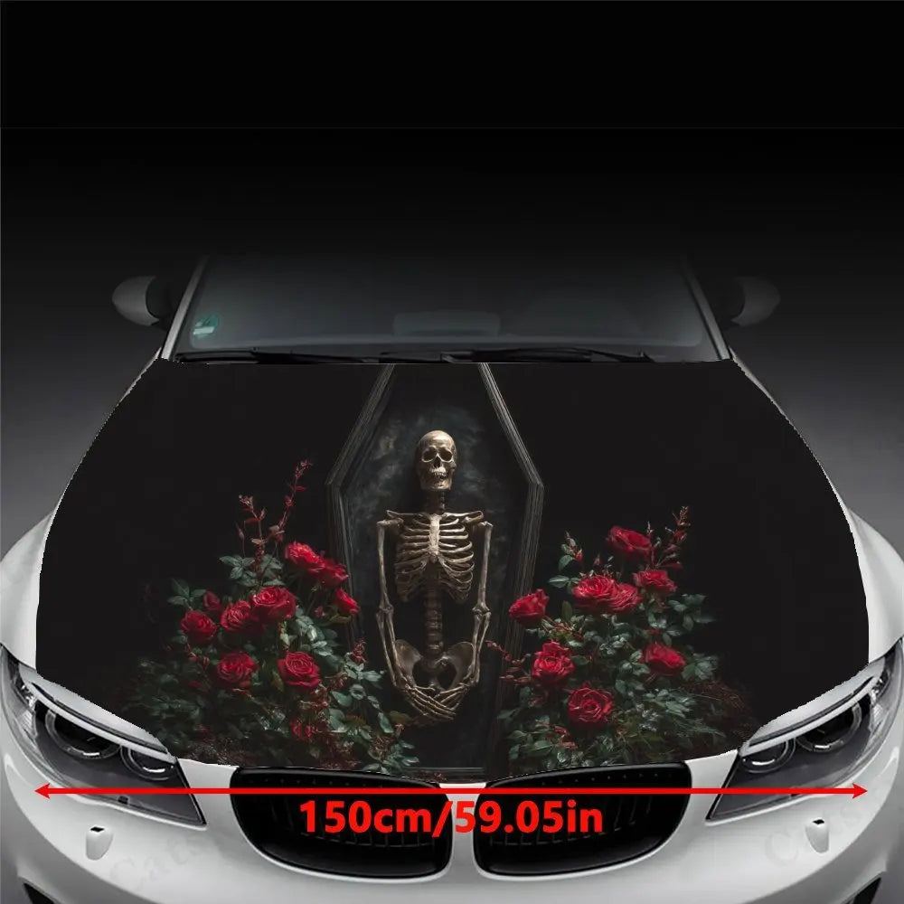 Skeleton in Coffin & Roses Car Vinyl Wrap, PVC Waterproof Car Hood Sticker, Self-Adhesive Scratch-Resistant Stickers for Engine