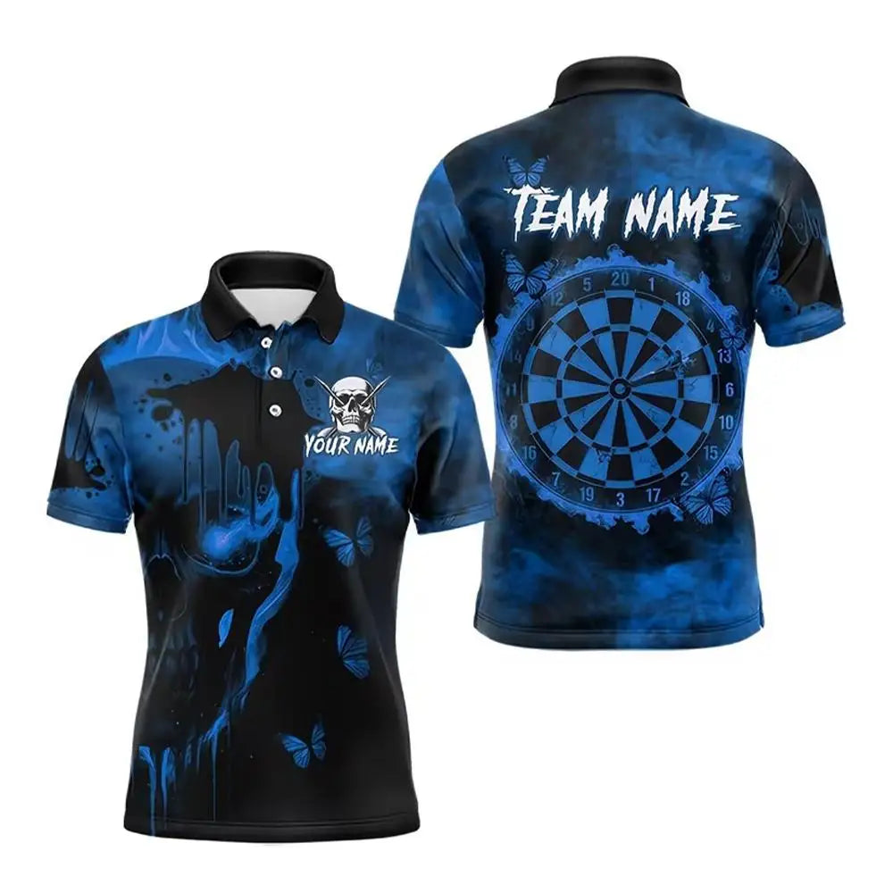 Custom Name Team Name Darts Polo Shirt Men 3D Skull Butterfly Blue Black All Over Print Quick Dry Sports Short Sleeve Golf Tops