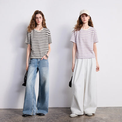 TOYOUTH Women T-shirt 2026 Summer New Striped Round Neck Combined Fashionable Heavy-duty Top