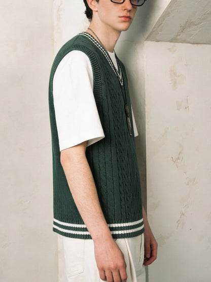 Men's Preppy Style Cable Knit Sweater Vest V Neck Sleeveless Knitwear Green Striped Trim Casual Pullover Vest For Spring Autumn