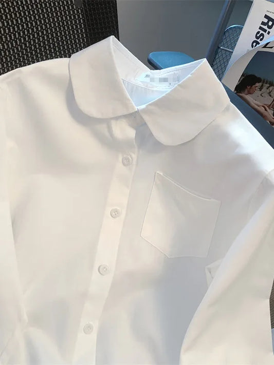 White round Neck Long Sleeve Basic Style Women's Shirt Jk Uniform Loose Fit Inner Wear Base Layer Sweet College Style Polyester