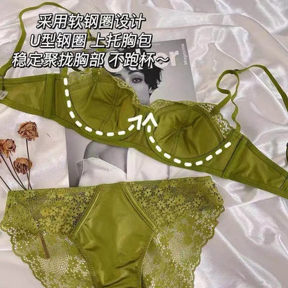 French Half Cup Lace Underwired Bra Set Ladies Thin Push Up Gather Fit No Gap Small Bust Comfortable Sexy Lingerie Two Piece Set