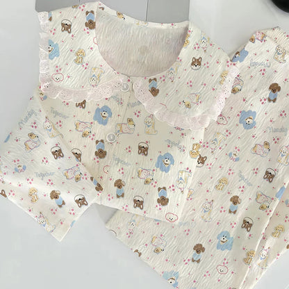 Cloud Cotton Sleepwear Set for Women Casual Spring Autumn Long Sleeve Long Pants Home Clothes  Plant Floral Print