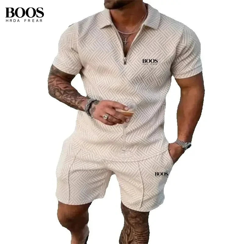 Summer Men's High-Quality Half Zipper Polo Shirt+Casual Shorts Set, Outdoor Sports and Leisure Beach Two-Piece Set