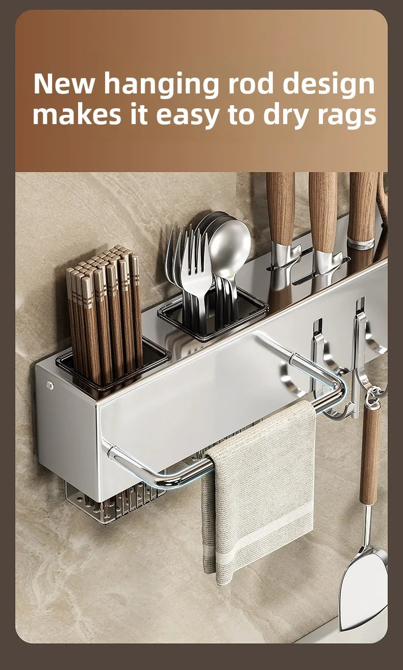 Stainless Steel Kitchen Knife Holder Wall Mounted No Drilling Multi-Function Chopsticks And Kitchen Knife Storage Rack