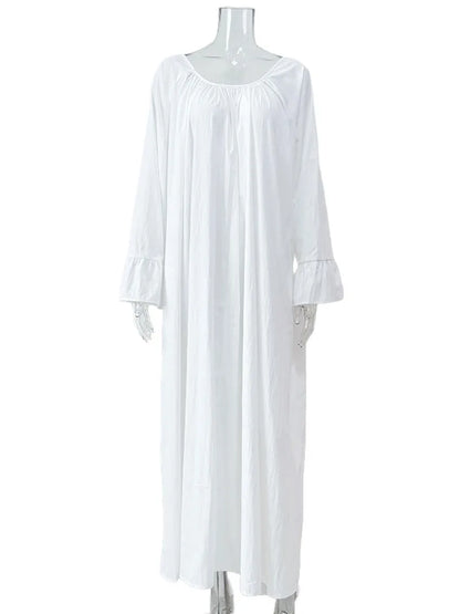 Parc Fee Casual Loose White Women Dress 2025 Elegant U-Neck Long Sleeve Floor-Length Dresses Simple Oversize Solid Female Dress