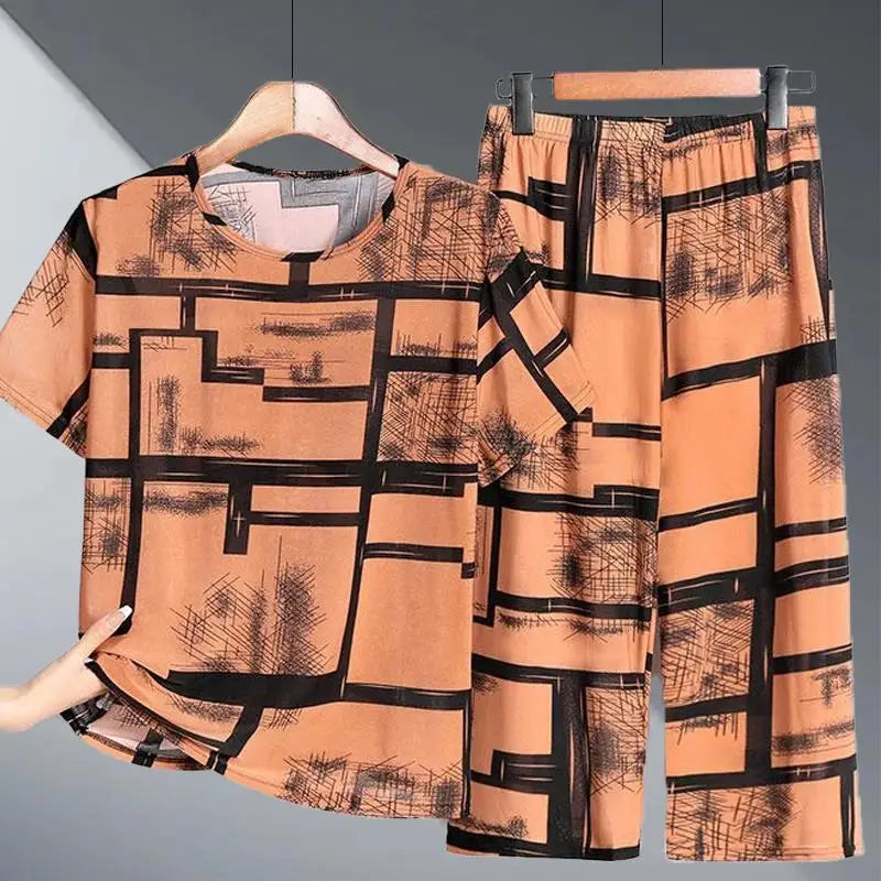 Ice Silk Two-Piece Set for Mom Summer Casual Short Sleeve Large Size Elderly Women's Fashionable Stripe And Plaid Ensemble