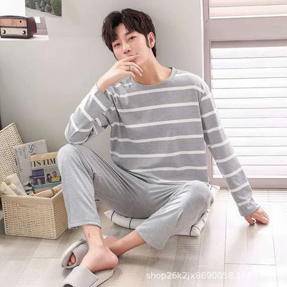 Men‘s Pajama Set Long Sleeve Black Striped Fall and Winter Youth Student Nightwear Loungewear Two Piece Set Sleepwear Homewear