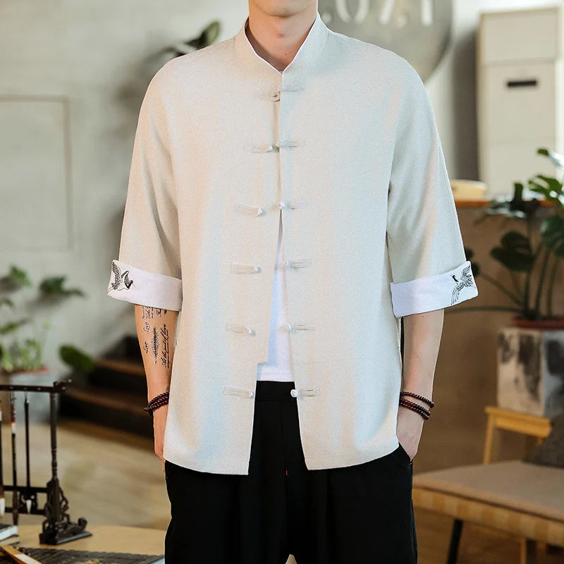 Embroidery Crane Shirts Men Traditional Chinese Clothing Vintage Half Sleeve Linen Cotton Shirts Madarin Collar Hanfu Kungfu Top