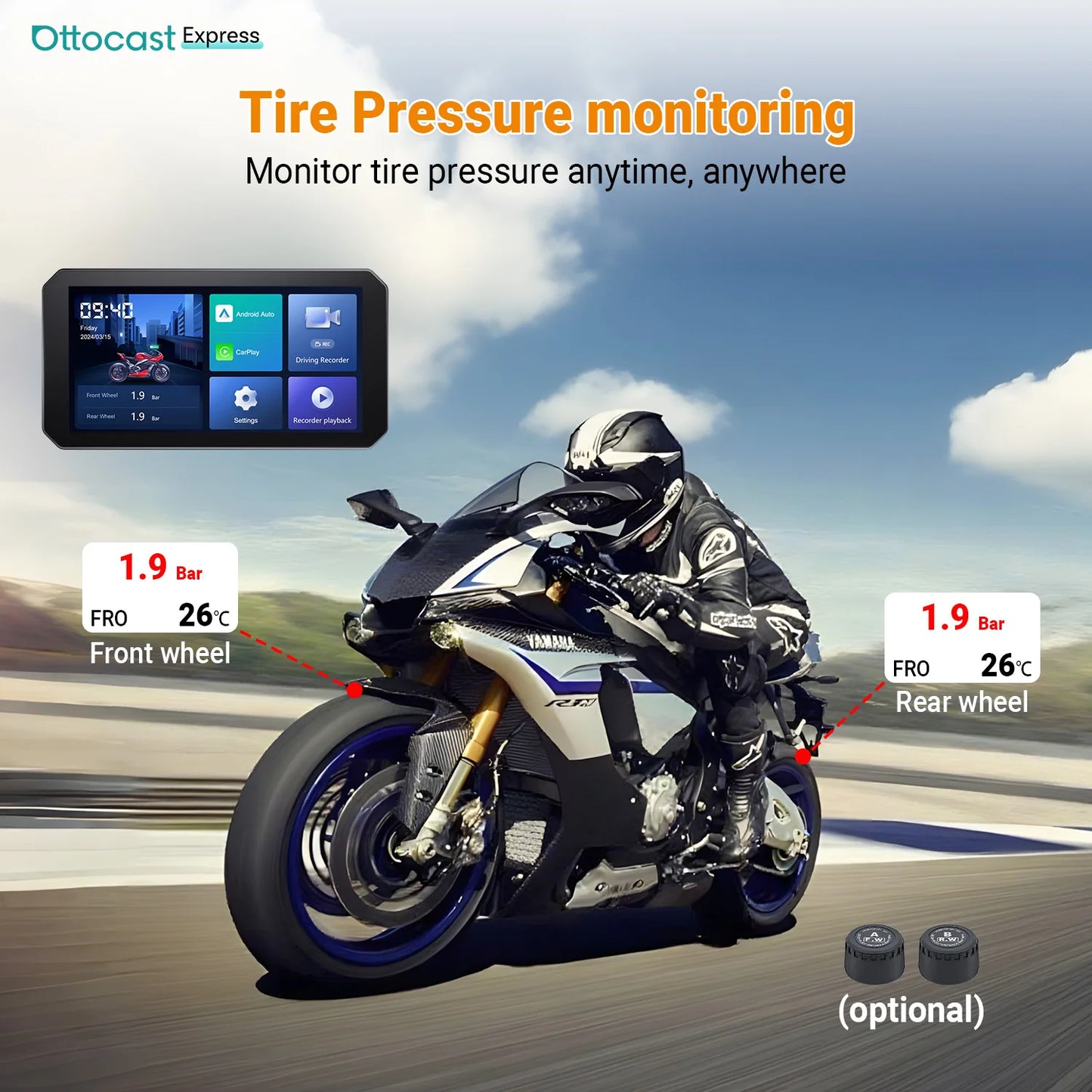 Ottocast Express Motorcycle Display 6.0 inch IP67 Waterproof GPS Wireless Carplay Android Auto DVR Drive Recorder Moto Monitor