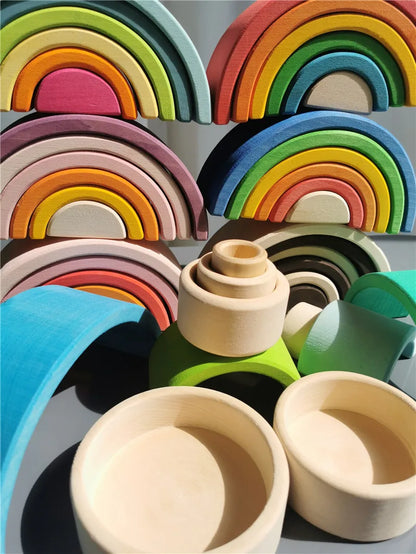 Kids Wooden Toys Rainbow Nesting Bowls BasSwood 6 Layer Arch Stacker Blocks Trees