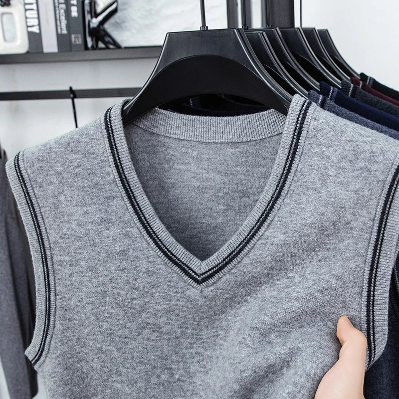 Autumn and Winter Solid Color Knitted V-neck Tank Top Men's Sleeveless Tank Top Warm Tank Top Middle Aged Shoulder Sweater