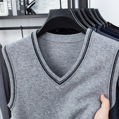 Autumn and Winter Solid Color Knitted V-neck Tank Top Men's Sleeveless Tank Top Warm Tank Top Middle Aged Shoulder Sweater