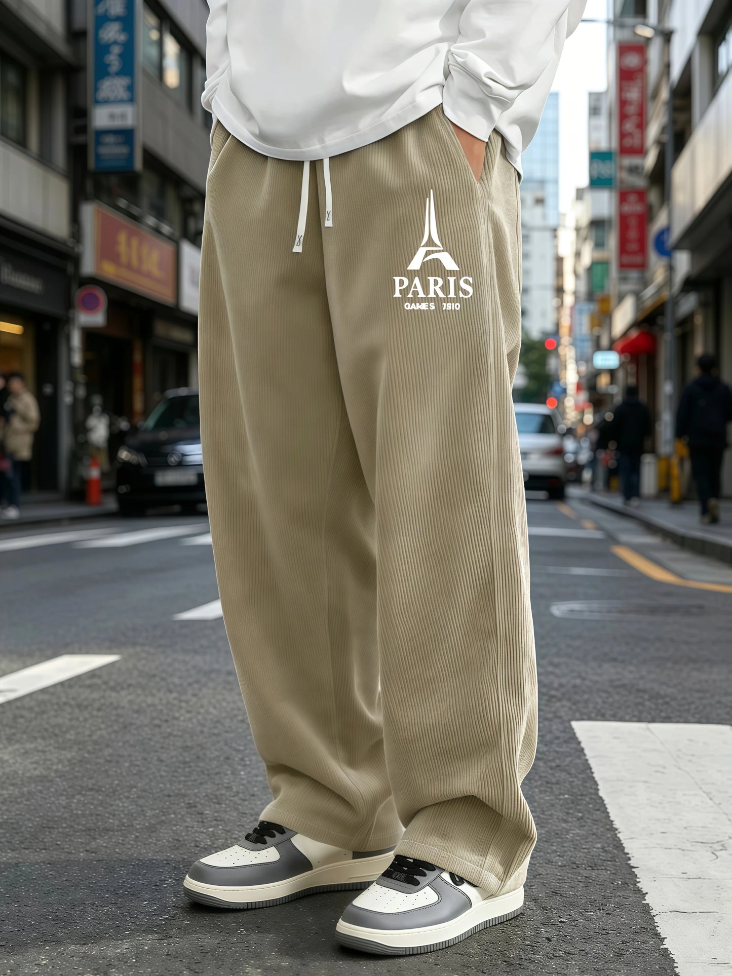 Mens Corduroy Wide Leg Trousers Elastic Drawstring Waist Eiffel Tower Letter Print Loose Straight Casual Street Pants S-4XL