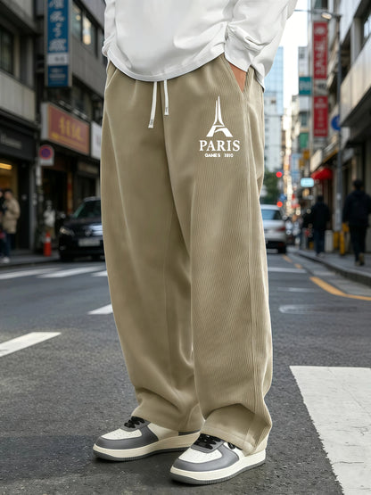 Mens Corduroy Wide Leg Trousers Elastic Drawstring Waist Eiffel Tower Letter Print Loose Straight Casual Street Pants S-4XL