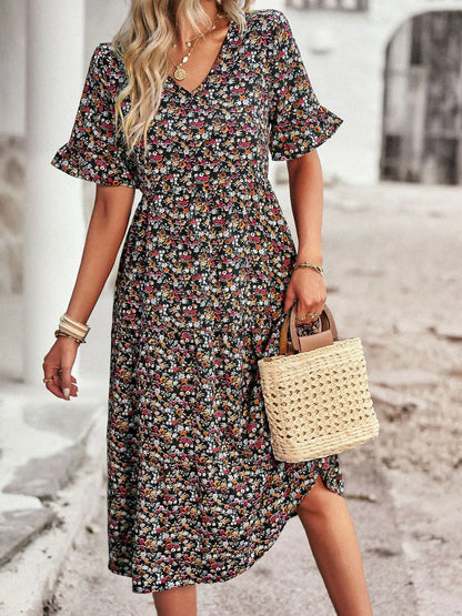 Msfilia Fashion V Neck Elegant Printed Dress Women Summer Short Sleeve High Waist A Line Floral Holiday Dresses
