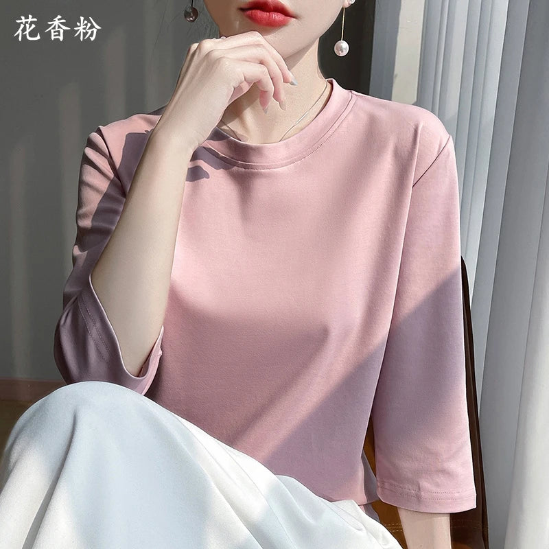 Summer Cotton Short-Sleeved T-Shirt Women's Round Neck Seven-Point Sleeves Loose Mercerized Cotton Half-Sleeve Shirt New T-shirt