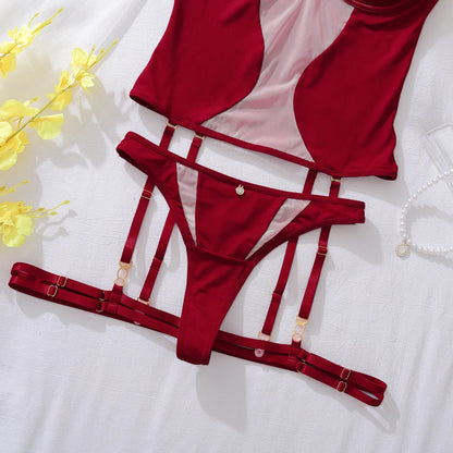 Abau. Bold Lingerie Women Fashion Stitching Mesh Cutouts Intimate Sexy Women Full Sexy Hot Suspenders Thong Lace Lingerie