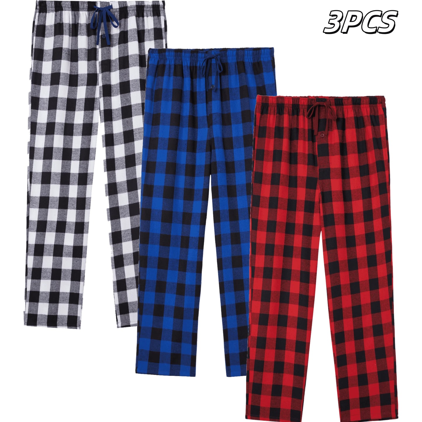 3pcs Men's Flannel Pajama Bottoms Autumn/Winter Fashion Plaid Sleeping Pants Elastic Lace Up Home Casual PJ Pants with Pockets