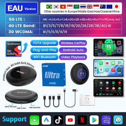 Carlinkit Ultra3 Android Tv Box Android 15 Wireless Carplay Adapter QCM6350 Smart Car Ai Box Carplay For Netflix Youtube 5G LTE