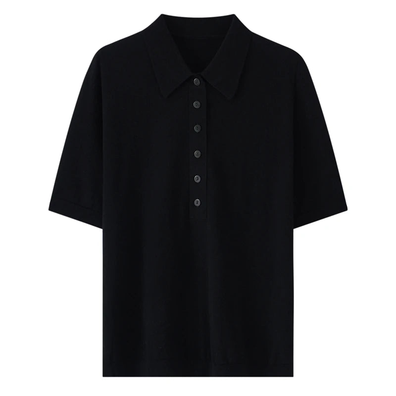 100% fine spun wool women's T-shirt summer solid knitted pullover Jumper sweater short sleeved loose Polo collar Tees Pull Tops