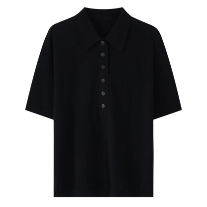 100% fine spun wool women's T-shirt summer solid knitted pullover Jumper sweater short sleeved loose Polo collar Tees Pull Tops