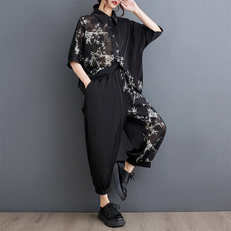 Summer New Loose Artistic Bamboo Print Cross Irregular irt Wide Leg Pants Two Piece Set Good Quali plus Size Faionable