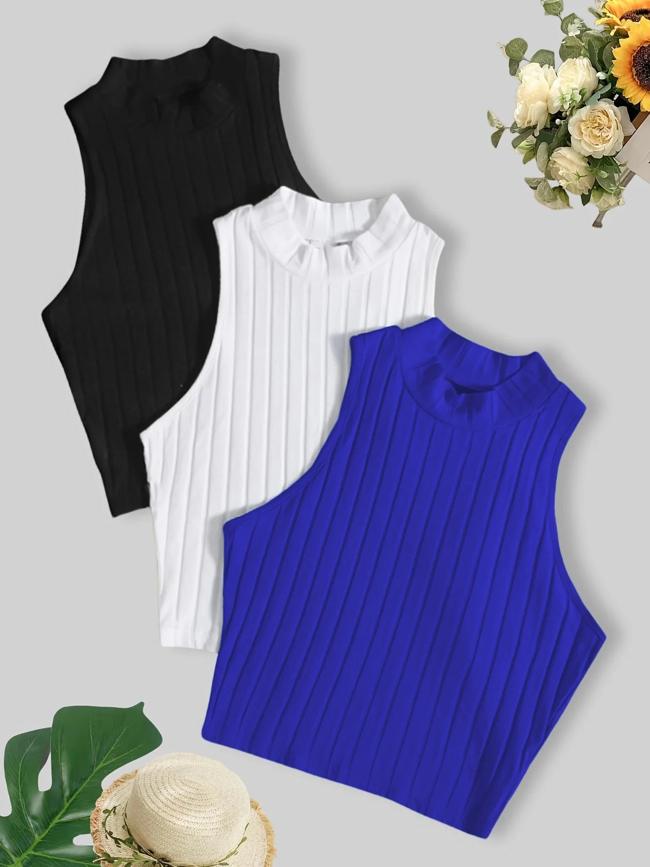 New style, stylish solid color, versatile women's sleeveless top three-piece set