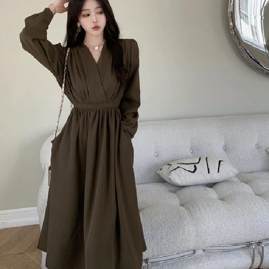 plus Size Vintage Hepburn Sle V-Ne Waist-Cinched Slimming Autumn New Arrival Women's Dr Korean Commute Sle Long Sve